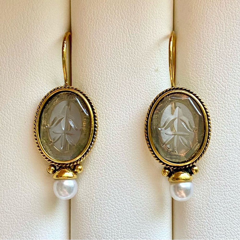 Elegant Gold and oval glass Earrings with Pearl Accent